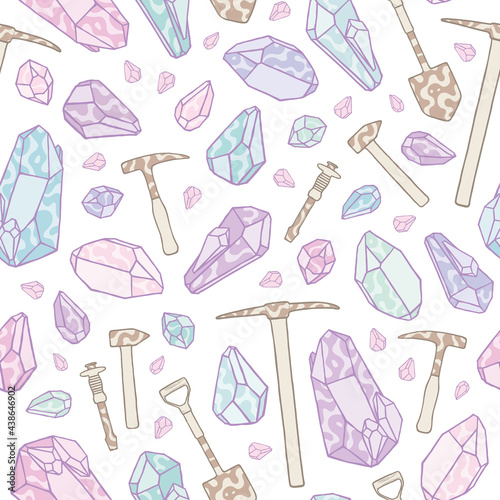 Doodle camo gem crystals and geological tools seamless pattern. Pastel minerals and rock pick hammer repeat background. For scrapbooking, wallpaper, fabric, wrapping, invitations, card.