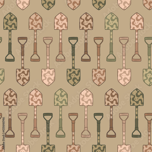 Horizontal doodle camo shovel seamless pattern. Camouflage military spade repeat background. For scrapbooking, wallpaper, fabric, wrapping, invitations, card.