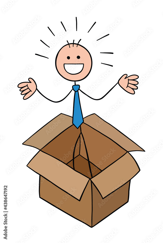 Stickman businessman character in the empty box and happy, vector ...