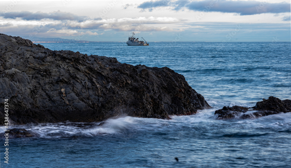 the sea taken in slow speed, throwing itself on the rocks of the Vermeille coast, catalan, Occitanie