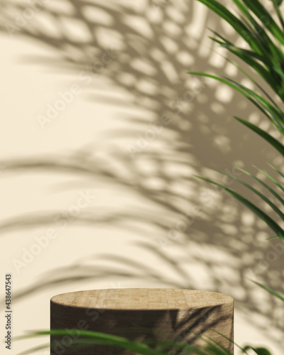 The wooden cylindrical platform on beige background  Blur tropical plants foreground and shade on background  Abstract background for product presentation. 3d rendering
