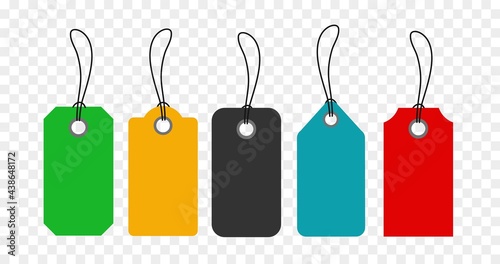 Blank price tags or sale shopping labels set with rope. Colourful tags on transparent