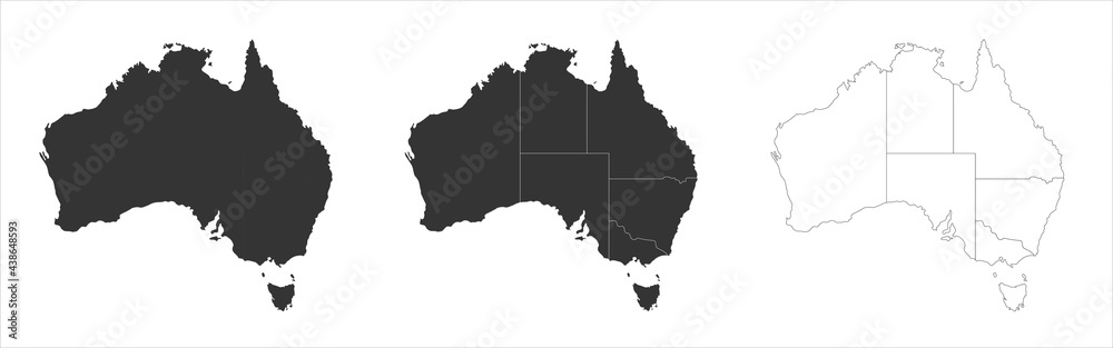 Australia maps set with states borders isolated on white. Grey coloured map set. Vector