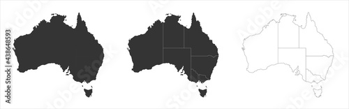 Australia maps set with states borders isolated on white. Grey coloured map set. Vector