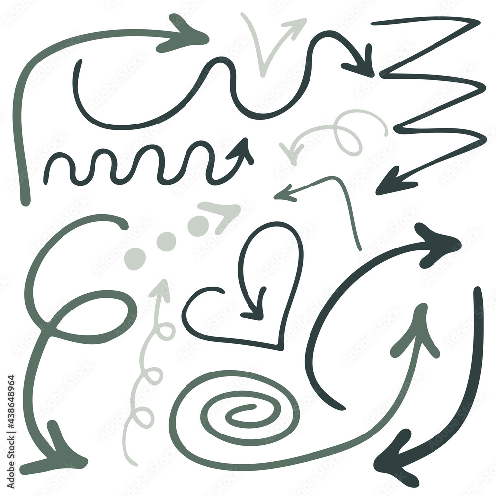 Vector doodle set with dark and light green arrows on white background. Hand drawn illustration. Vector doodle set with dark and light green arrows on white background. Hand drawn illustration.