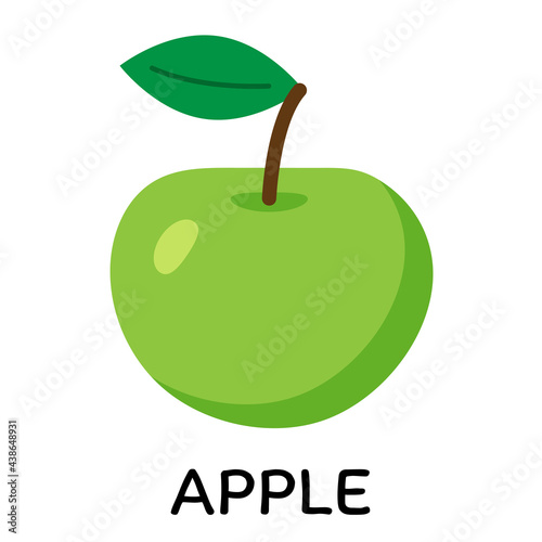 Green apple, vector illustration in cartoon flat stye. Food and fruit concept. Print for recipes, restaurant, supermarket, market place. Vegetarian fresh food product for sticker, grocery shop