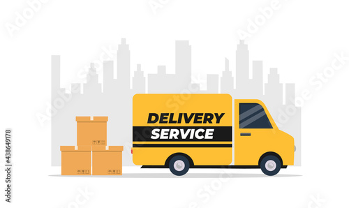 Truck used for deliveries isolated on white background. Delivery service van with boxes. Vector stock