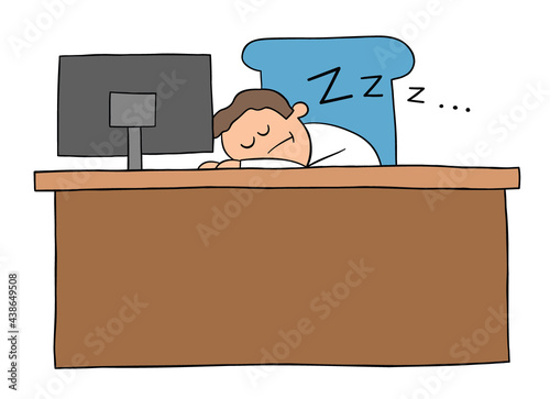 Cartoon businessmanman falling asleep at the desk in the office, vector illustration