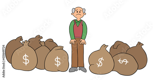 Cartoon old man has lots of money but he is unhappy, vector illustration
