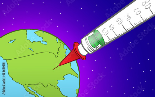Space view of America being vaccinated by a giant needle