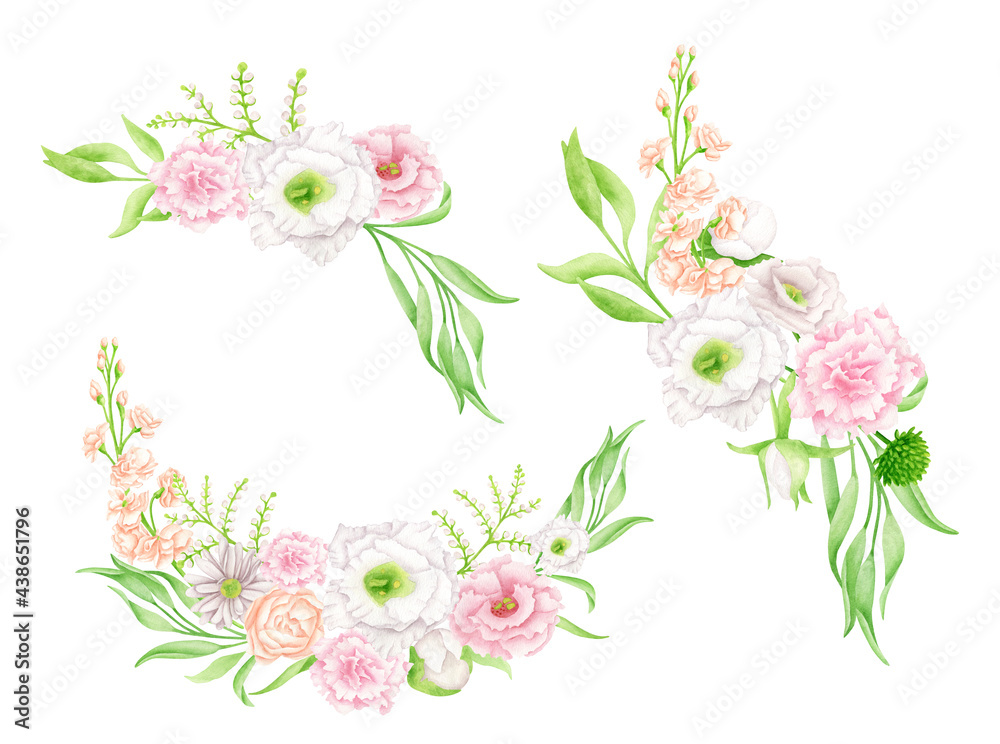 Watercolor floral set. Hand drawn flower bouquets isolated on white background. Botanical arrangements. Elegant composition with pastel flower buds for wedding invitations, save the date, cards