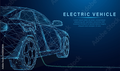 Low poly style design vector of EV Car or Electric vehicle at charging station with the power cable supply plugged Eco-friendly sustainable energy concept. Wireframe light connection structure.