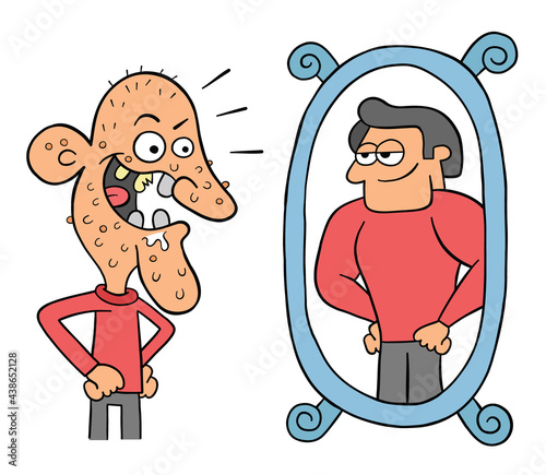 Cartoon ugly man looks in the mirror and thinks he's so handsome, vector illustration