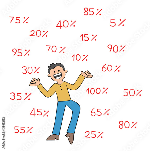 Cartoon man very happy because there is a lot of discount, vector illustration