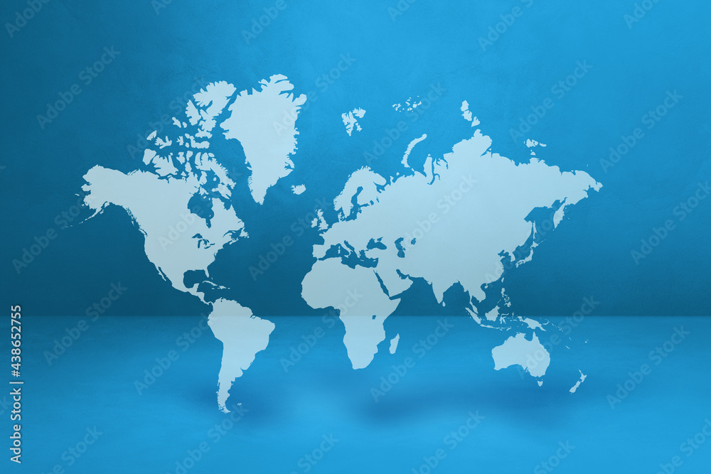 World map on blue wall background. 3D illustration
