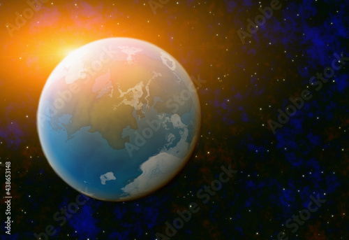 Photo earth planet on sun and stars background with flare