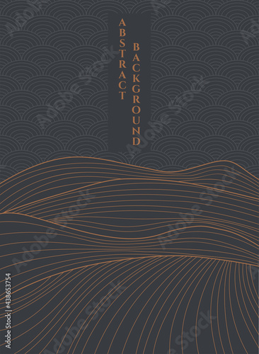 vector abstract black and gold background with stylized mountains and hills, traditional fish scales japanese pattern, luxury dark background