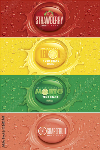 many fresh drops on different colour backgrounds with splash and lemon, strawberry, mojito, grapefruit
