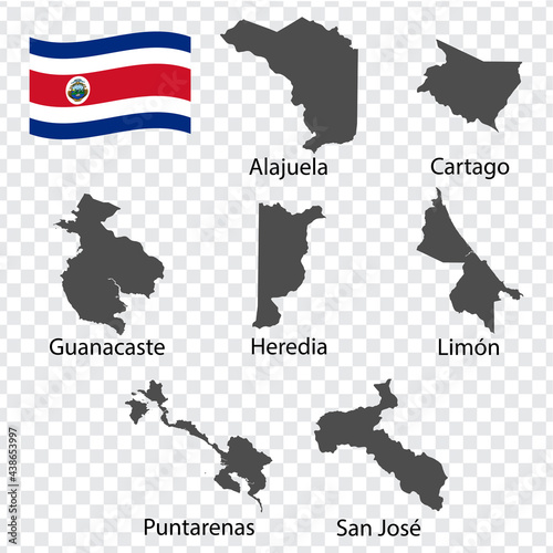 Seven Maps  Provinces of Costa Rica - alphabetical order with name. Every single map of Province are listed and isolated with wordings and titles. Costa Rica. EPS 10. photo