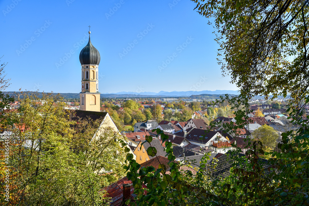 St. Andreas church spa town Wolfratshausen, view from the hillside, bavarian alps