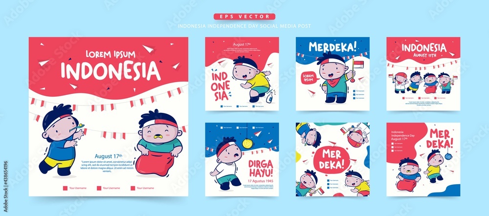 Set of Indonesia Independence day social media post with Lomba or traditional game on August, Merdeka means independent, Dirgahayu means celebration. Set of Indonesia Independence day social media post with Lomba or traditional game on August, Merdeka means independent, Dirgahayu means celebration.