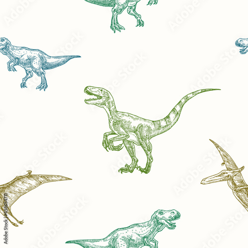 Hand Drawn Dinosaurs Vector Seamless Background Pattern. Tyrannosaurus,  Velociraptor and Pterodactyl Colorful Sketches Card, Wrapping or Cover  Template Stock Vector | Adobe Stock
