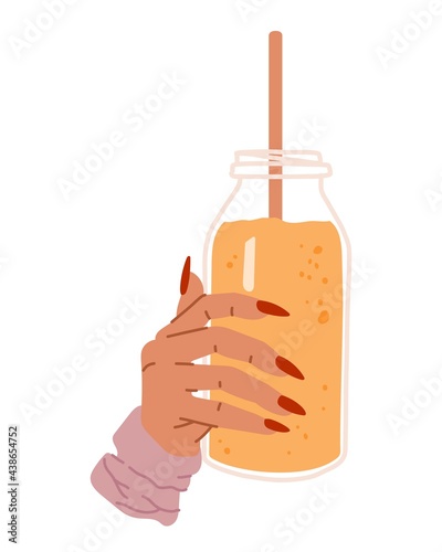 Woman hands with glass jar, juice, coctail and beverage. Female hand with red long nails manicure holding glass bowl with milkshake. Flat vector cartoon illustration in doodle style.