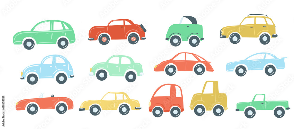 large-set-of-toy-cars-flat-simple-cartoon-style-hand-drawing-vector