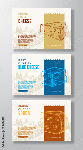 Fresh Local Food Label Templates Set. Abstract Vector Packaging Design Layouts Collection. Banners with Hand Drawn Cheese and Rural Landscape Background. Isolated