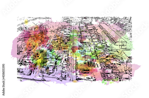Building view with landmark of Faisalabad is the 
city in Pakistan. Watercolor splash with hand drawn sketch illustration in vector.
