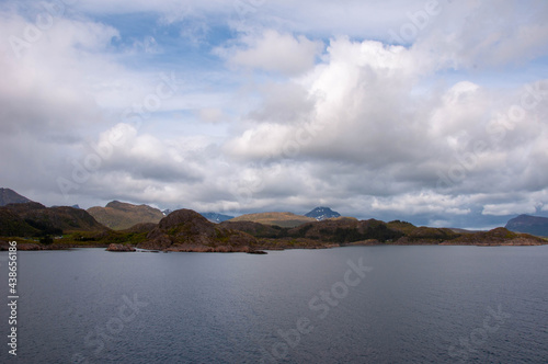 Norwegian fjords shore landscapes view from the sea