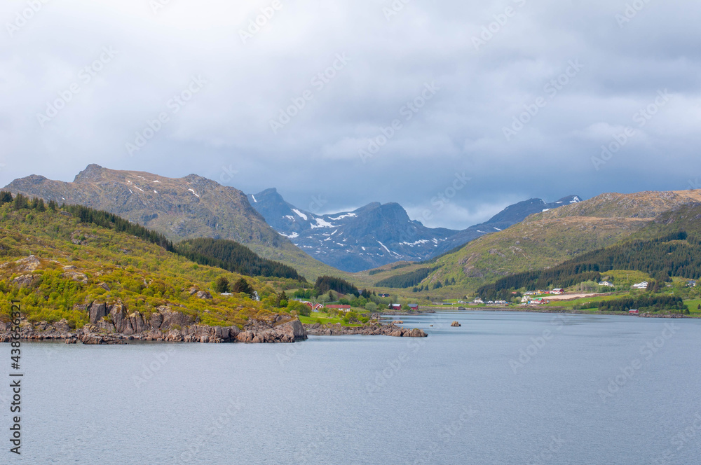 Norwegian fjords shore landscapes view from the sea