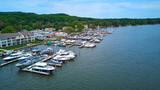 Aerial of Lake Michigan harbor filled with boats