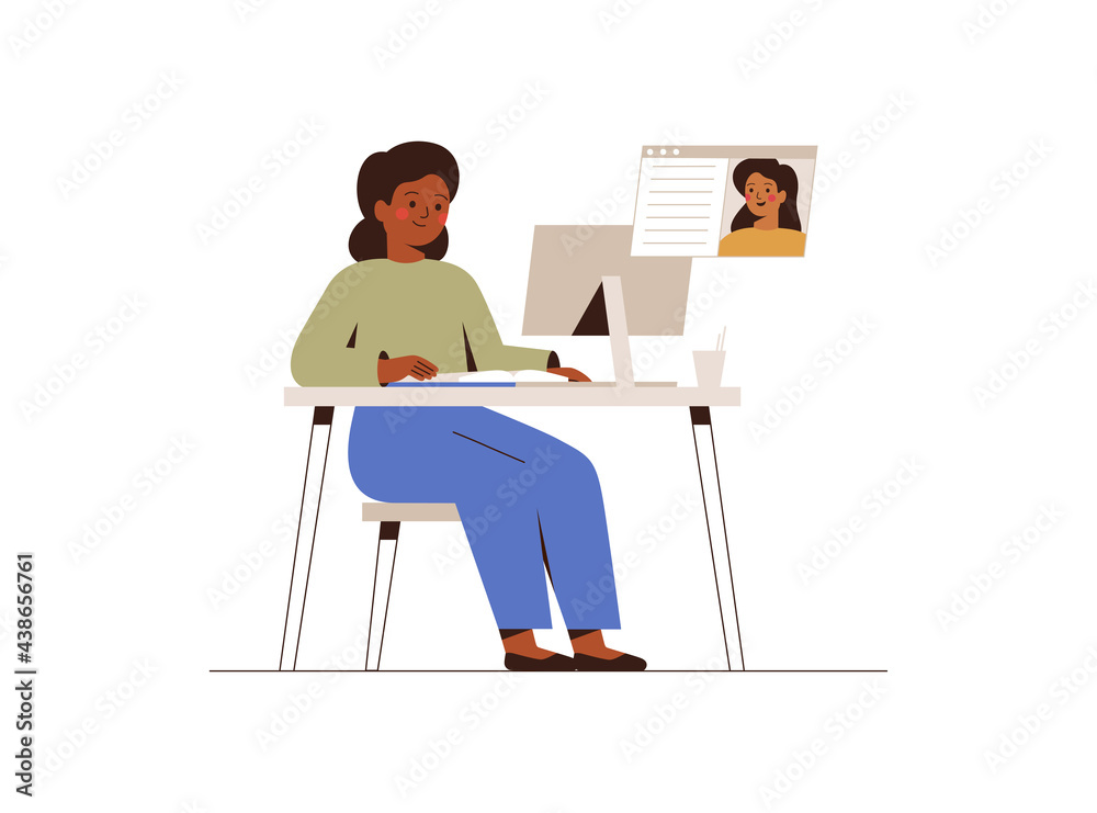 Girl listening her school teacher on online lesson at home. American African  female pupil studying remotely, making notes and watching internet courses. Vector illustration.