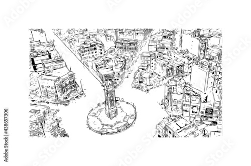 Building view with landmark of Faisalabad is the 
city in Pakistan. Hand drawn sketch illustration in vector.