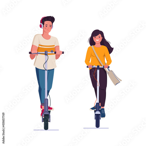Young man and woman on electric push scooters. Couple on modern personal transport. Flat vector illustration