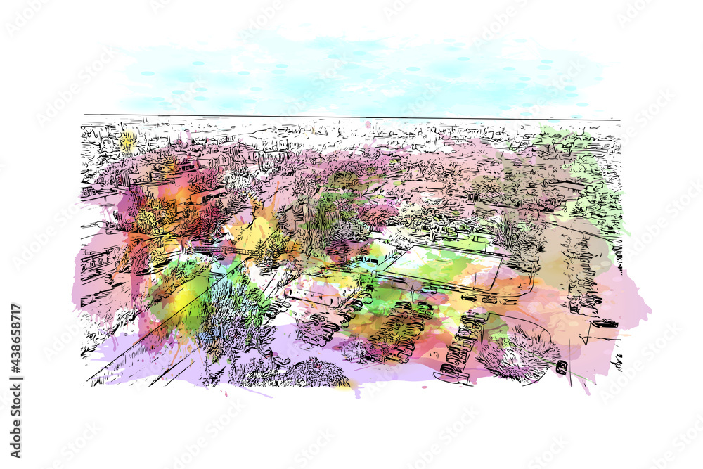 Building view with landmark of Grande Prairie is a city in Canada. Watercolor splash with hand drawn sketch illustration in vector.
