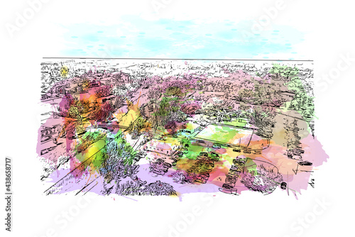 Obraz na płótnie Building view with landmark of Grande Prairie is a city in Canada. Watercolor splash with hand drawn sketch illustration in vector. w salonie