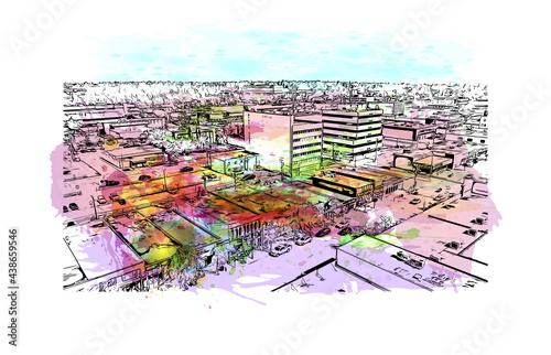 Building view with landmark of Grande Prairie is a city in  Canada. Watercolor splash with hand drawn sketch illustration in vector.