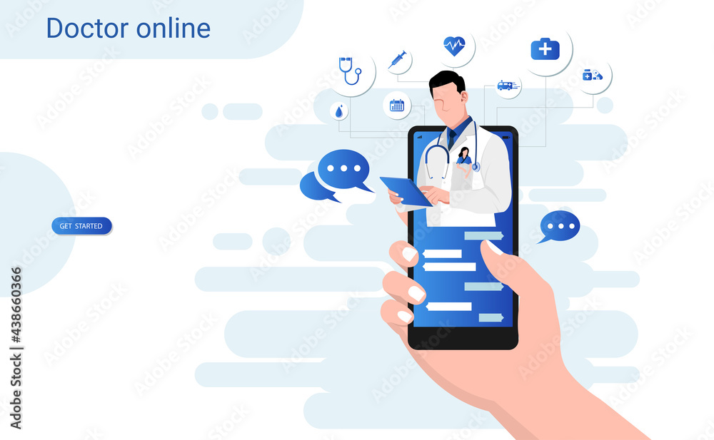 Online consultation doctor on mobile app with male doctor through the phone screen. Online medical clinic, tele medicine, Online healthcare and medical consultation, Digital health concept. 3D vector