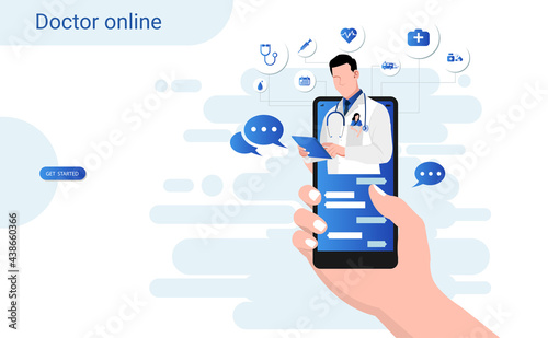 Online consultation doctor on mobile app with male doctor through the phone screen. Online medical clinic, tele medicine, Online healthcare and medical consultation, Digital health concept. 3D vector