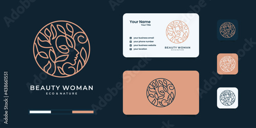 Luxury woman's face flower with line art style logo and business card design. feminine design concept for beauty salon, massage, cosmetic and spa.	