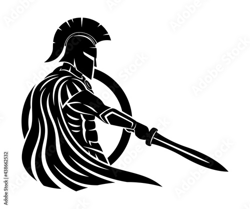 Spartan with sword and shield on white background.