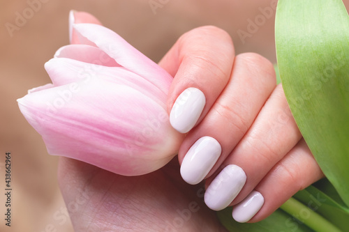 Female hand with beautiful manicure - white ivory nails with tulip on blurred background, closeup. Selective focus