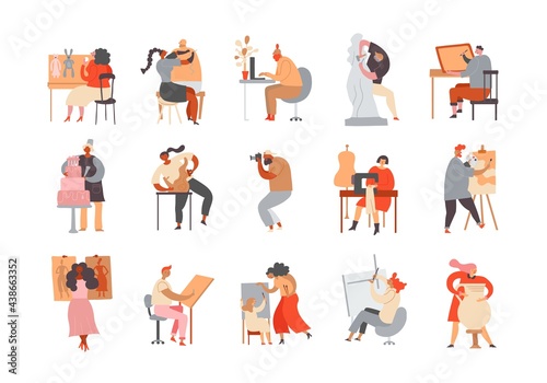 Creative professions illustration vector set. Art professional small business funny people characters. Artistic workers concept handdrawn scenes. Isolated on a white background red grey yellow colors.