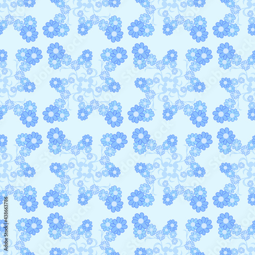seamless pattern in light blue colors of flower bed linen in the form of a symmetrical ornament for a pint on fabric for clothing, bed linen, napkins and festive packaging, as well as for the interior
