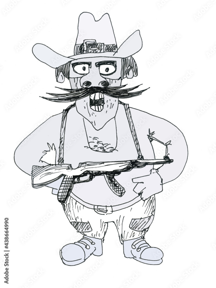 Obraz premium Gangster with a gun, funny cartoon character. A bandit from the high road.