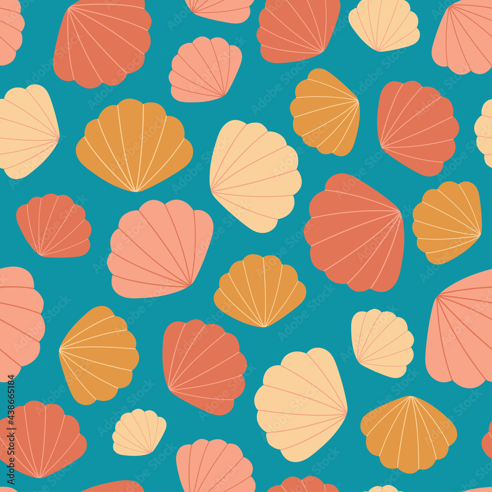 Seamless pattern with seashells on blue background.  Vector sea texture. For wallpaper, textiles, fabric, paper.