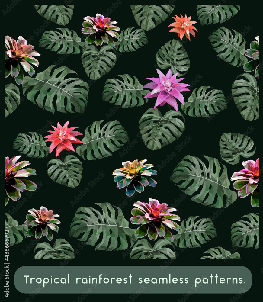 Seamless patterns art of tropical rainforest flowers.