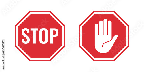 Stop signs with stop word and the hand symbol isolated on white background. Vector illustration.